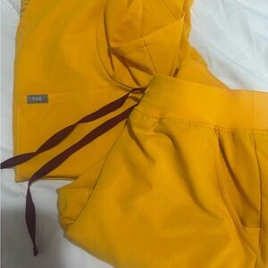 FIGS Yellow Scrub Set with Burgundy Drawstrings